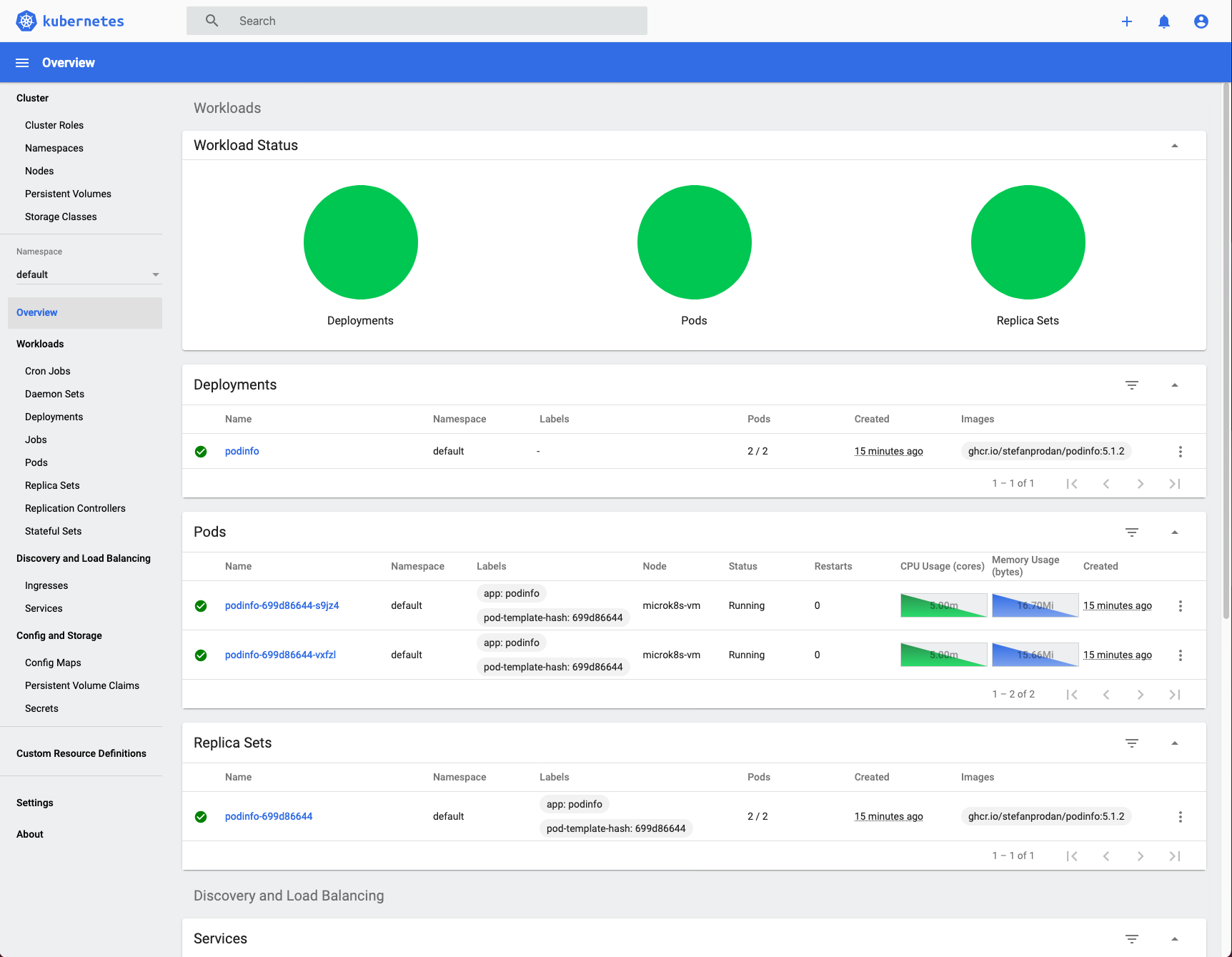 Microk8s Dashboard screenshot