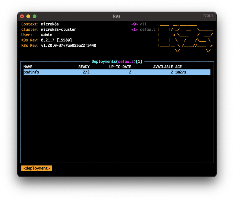 k9s with deployments listed screenshot